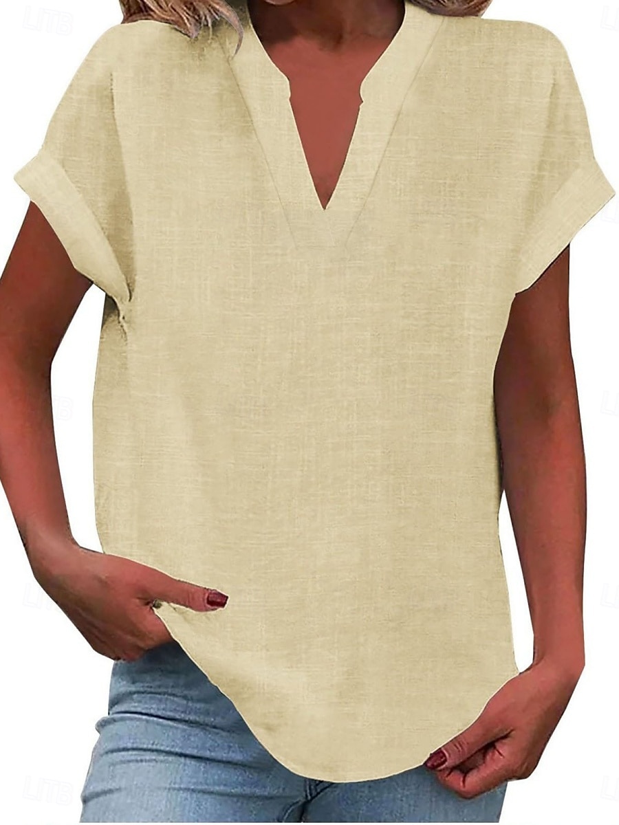 Women's Shirt Solid Color Stylish Casual Short Sleeve V Neck Regular Tops Daily Black White Blue Apricot Summer Spring 2025 - $9.99 –P4