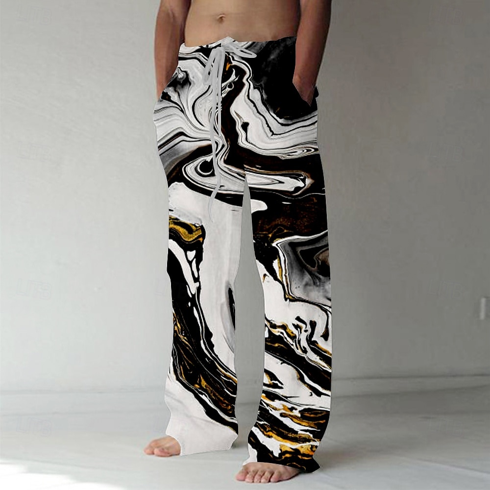 Men's Marble Abstract Liquid Art Trousers Baggy Pants Casual Pants Mid Waist Casual Outdoor Vacation Daily Drawstring Elastic Waist Wide Leg Summer Spring 3D Print Black Yellow Green 2025 - $27.99 –P2