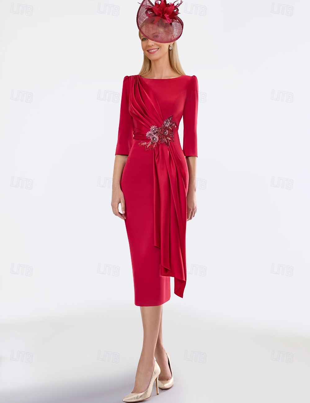 Sheath-Kleid Mutter der Braut Kleid Elegantes Juwelenausschnitt Tee-Länge Satin Halbe Ärmel mit Falten einfarbig kostenlose Anpassung 2025 - $148.99 –P1
