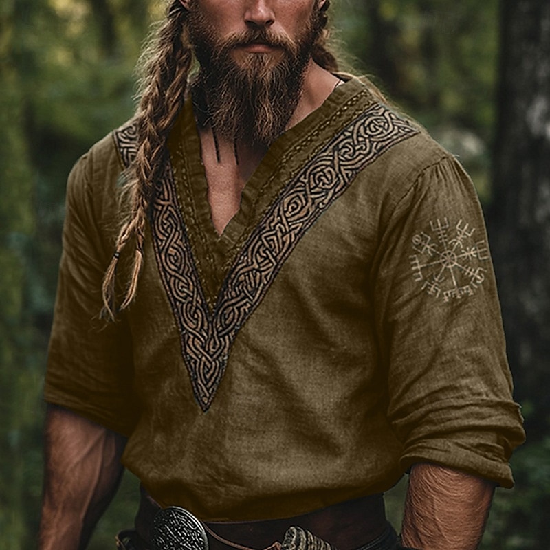 Hombre Camisa Camisa de lino Estilo vikingo Camisa de manga corta Camisa de verano Ropa de playa Geométrico Vacaciones Calle Azul Piscina Verde Trébol Caqui Manga Larga Escote en Pico Verano Primavera 2026 - $26.99 –P8