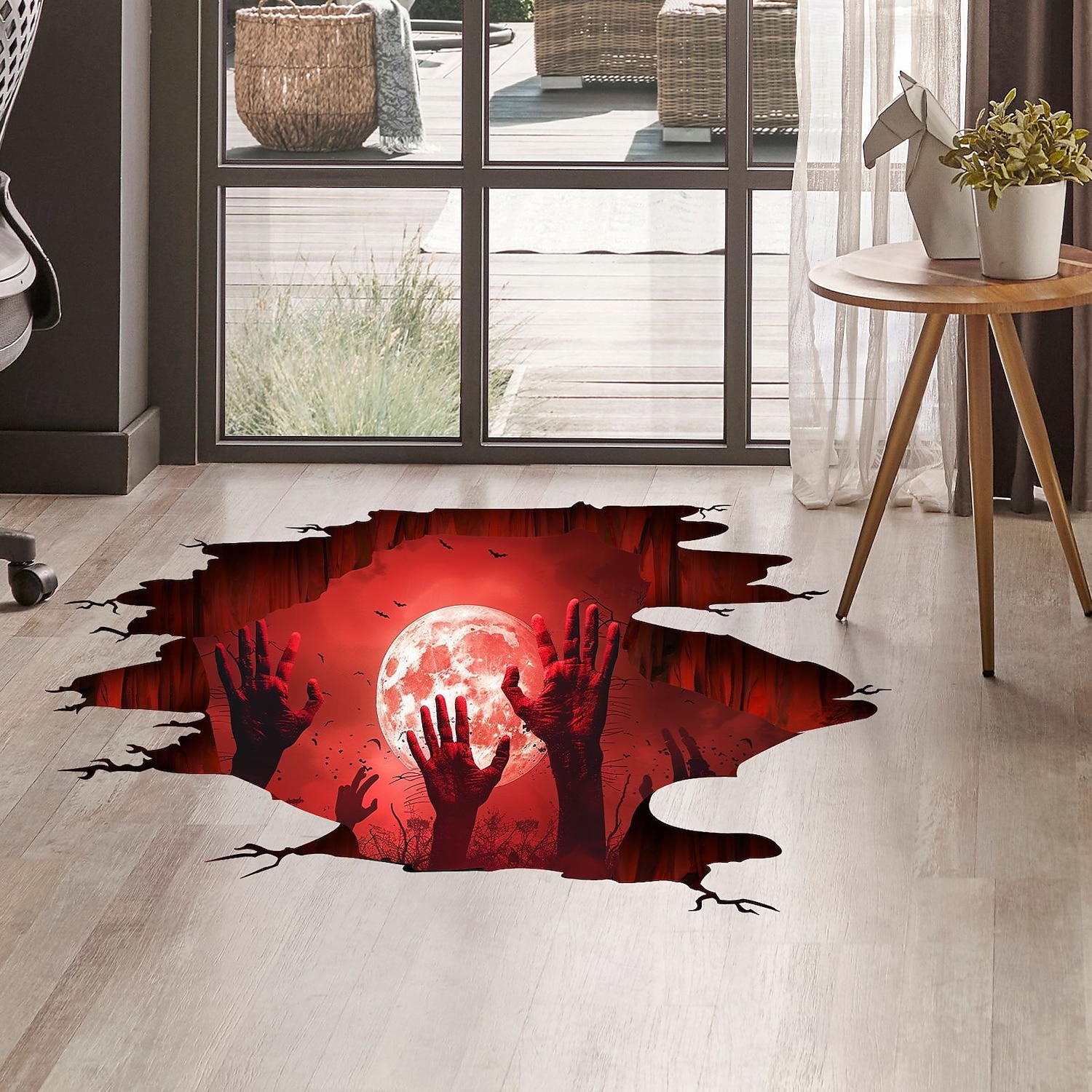 chão de Halloween &Adesivo de parede 3D assustador com lua vermelha e design inovador de mão, decoração autoadesiva de piso e parede para quarto e sala de estar de 2025 por $6.49 –P1
