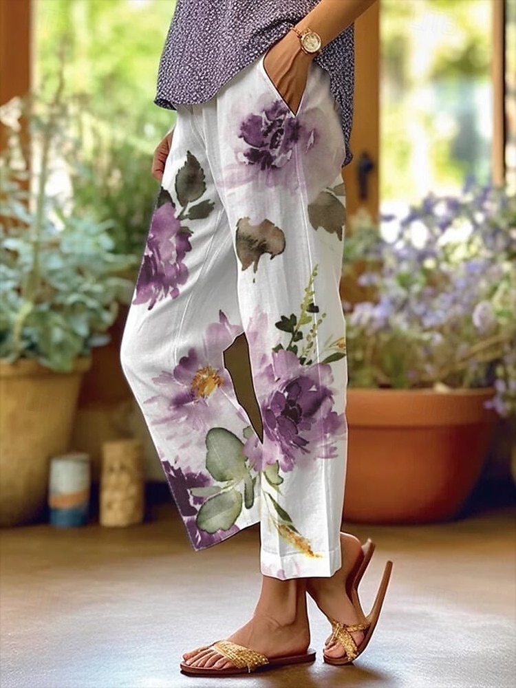Femmes Chinos Vacances ancien Style Ethnique Longueur complète Taille haute Fleuri Avec Poches Respirant Doux Extérieur Micro-Élastique Extérieur Vacances Occasionnel Blanche Vert clair Rouge Violet de 2025 ? $32.99 –P5