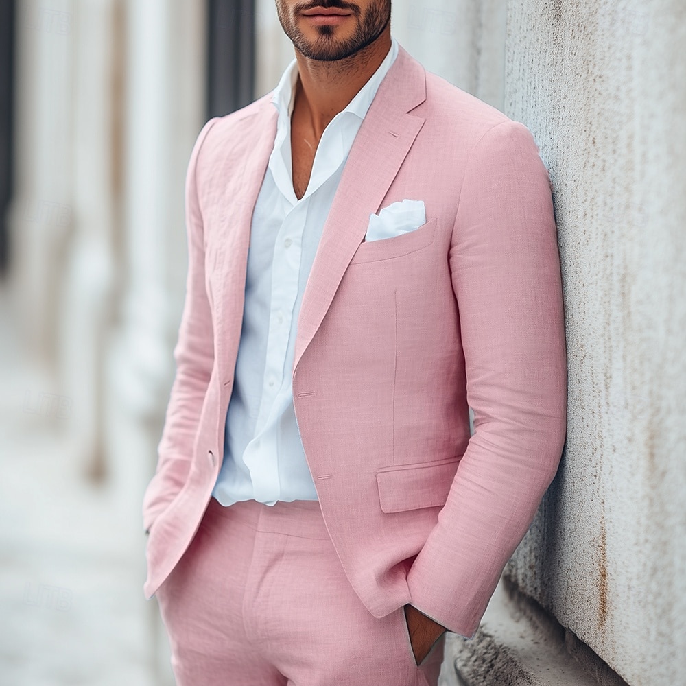 Uomo Matrimonio Affari Completi in Lino Rosa Verde salvia Leggero Casual Tinta unita Vestibilità aderente 2 pezzi Monopetto a un bottone del 2025 a $116.99 –P4