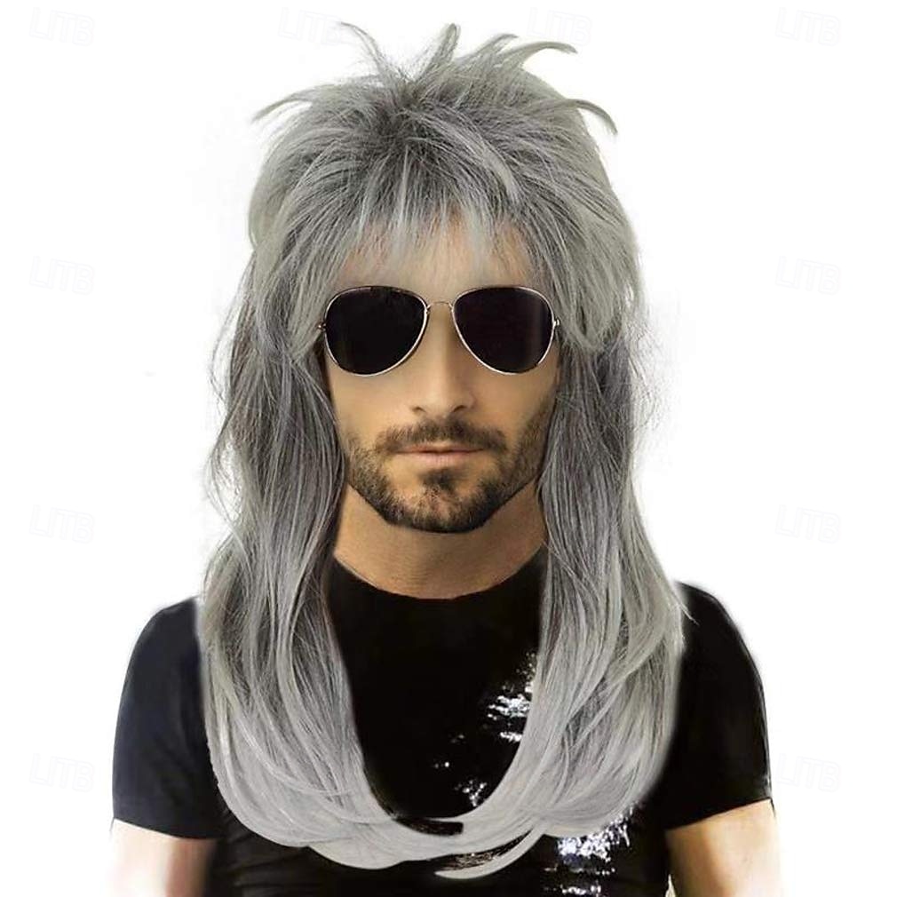 Herren graue Farbverlauf Mullet Perücken 80er Rock 'n' Roll Perücken für Männer schulterlang natürlich aussehende hitzebeständige synthetische Faser Film Cosplay Perücke Halloween Perücken 2025 - €20.99 –P1