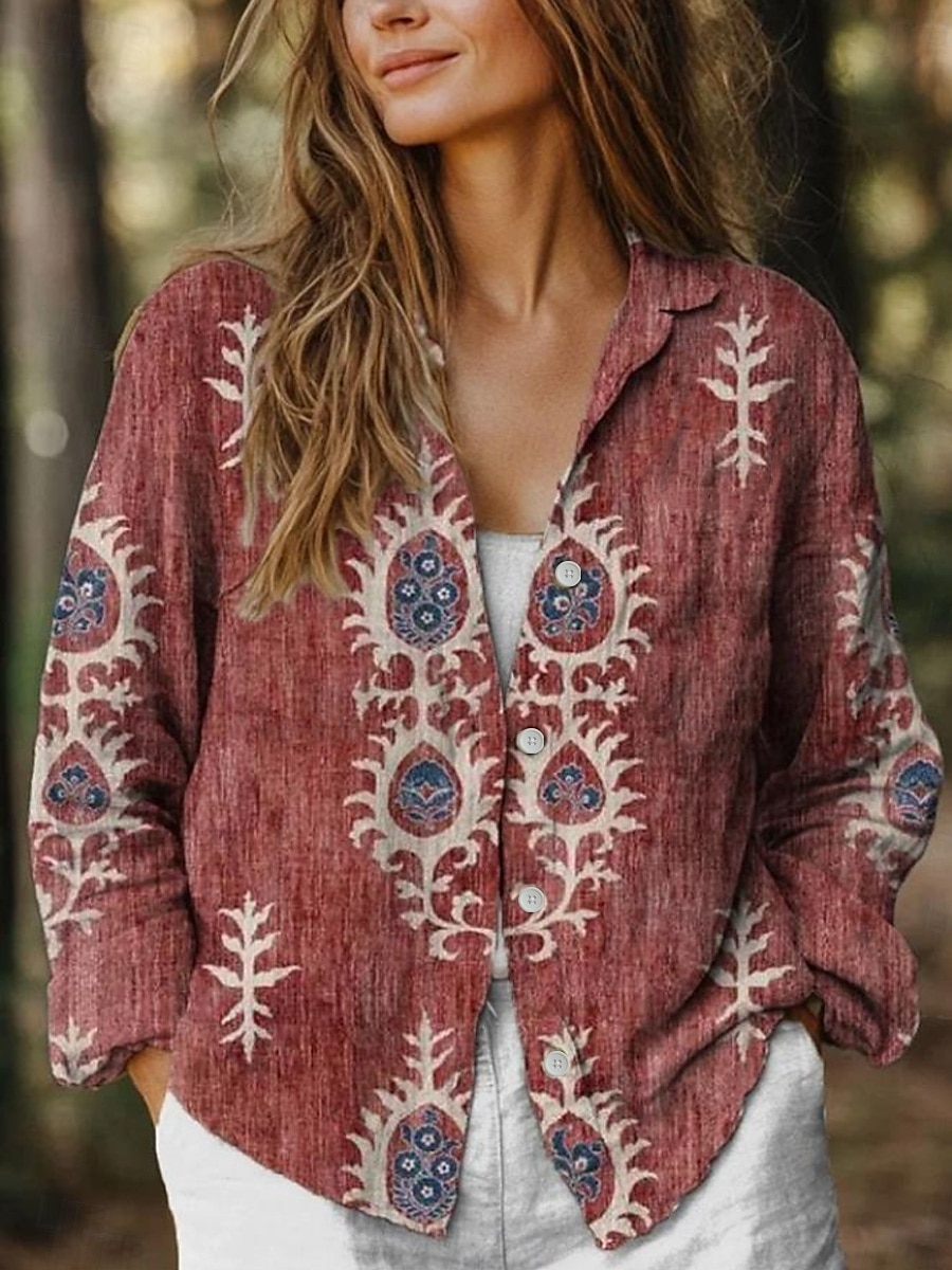 Camicia da donna Blusa Stampa grafica floreale Elegante Casual Simile a lino Manica lunga Collo Camicia Top regolari Quotidiano Festività Simile a lino Uscita Bottoni Giallo Rosso Blu Verde Estate del 2025 a $32.99 –P3