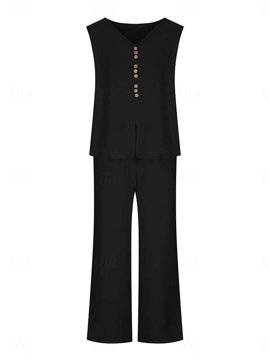 Femmes Mode Streetwear Quotidien Ensembles de Pantalons Sans manches Col en V Uni Occasionnel Quotidien Noir bleu marine Vert Été Coupe Ample de 2025 ? $28.99 –P9