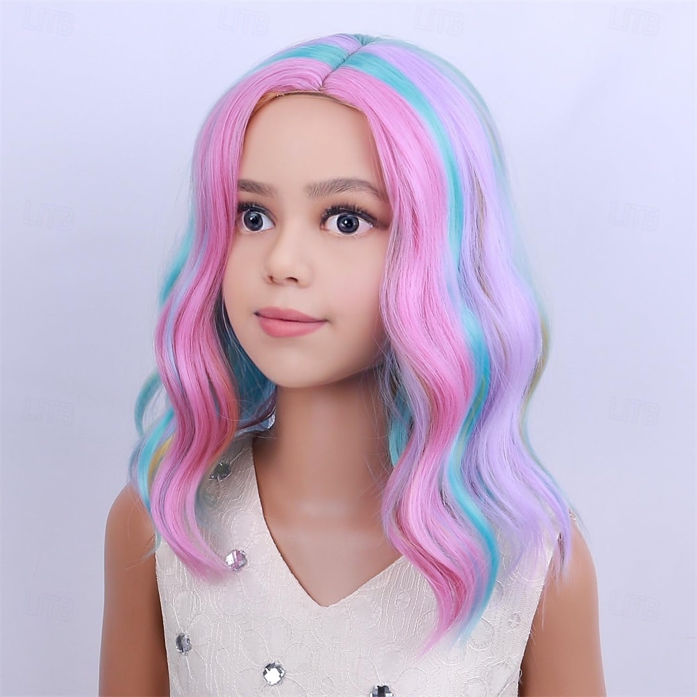 Dětská duhová paruka krátká vlnitá barevná paruka vícebarevná paruky dívčí syntetické cosplay halloweenské kostýmní paruky 2025 - $24.99 –P3