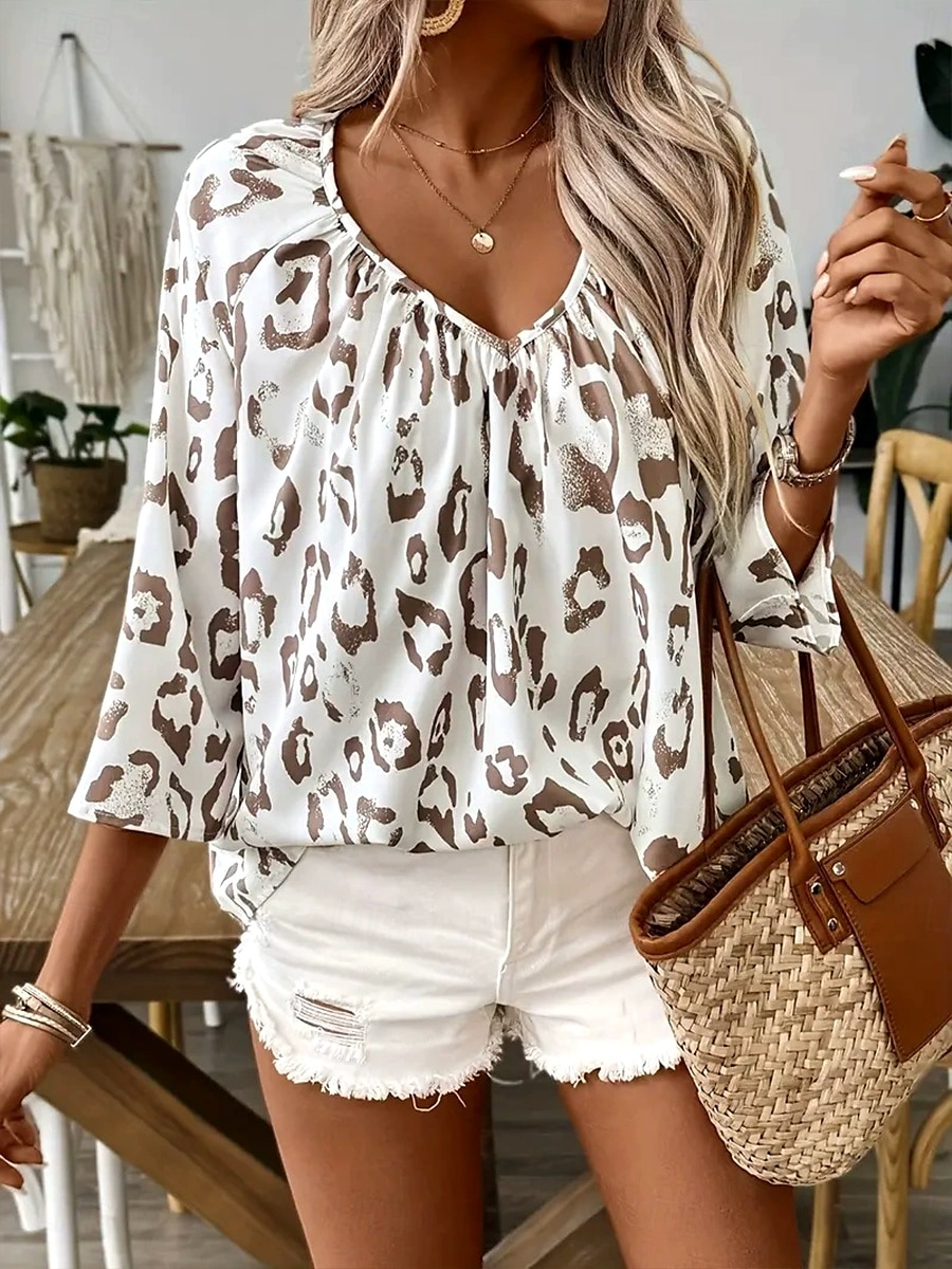 Damskie Letnie szczyty Graficzny Zwierzę Panterka Zabytkowe Codzienny Elegancki Rękaw 3/4 W serek Zwykłe topy Codzienny Smocked Nadruk Czarny Khaki Beżowy Lato Wiosna Jesień 2025 - $17.99 –P3