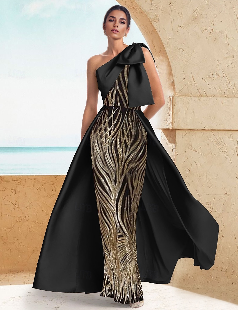 Svart slips mermaid  trumpet ettermiddagskjole elegant svart kjole formell bryllup gulvlengde ermeless en skulder stretch sateng med sløyfe(r) gull paljetter og blonde 2025 - $158.99 –P1
