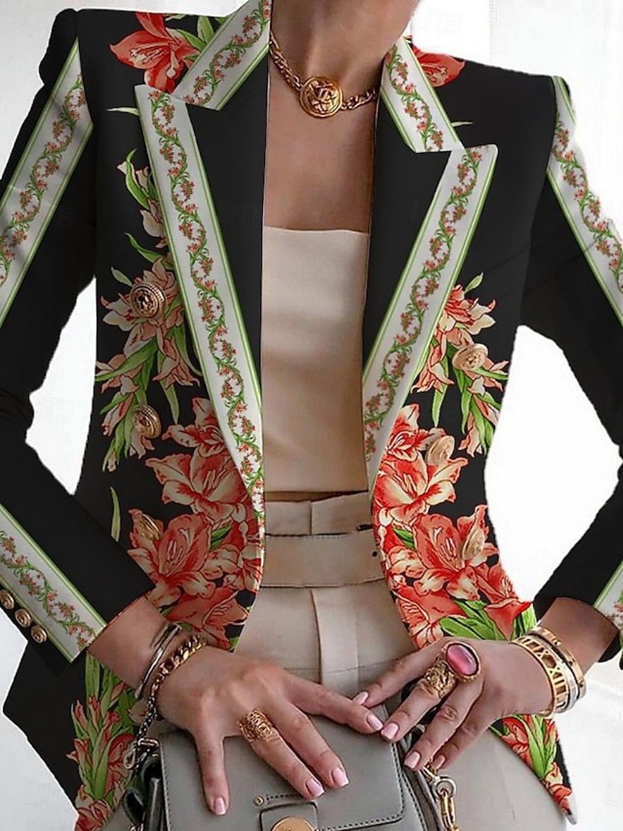Femmes Blazer Respirant Confortable Imprimé Mode Occasionnel Fleuri Formel Travail Bureau / Carrière Double Boutonnage Régulier Col Rabattu Coupe régulière manche longue Vêtements d'extérieur Noir de 2025 ? $34.99 –P1