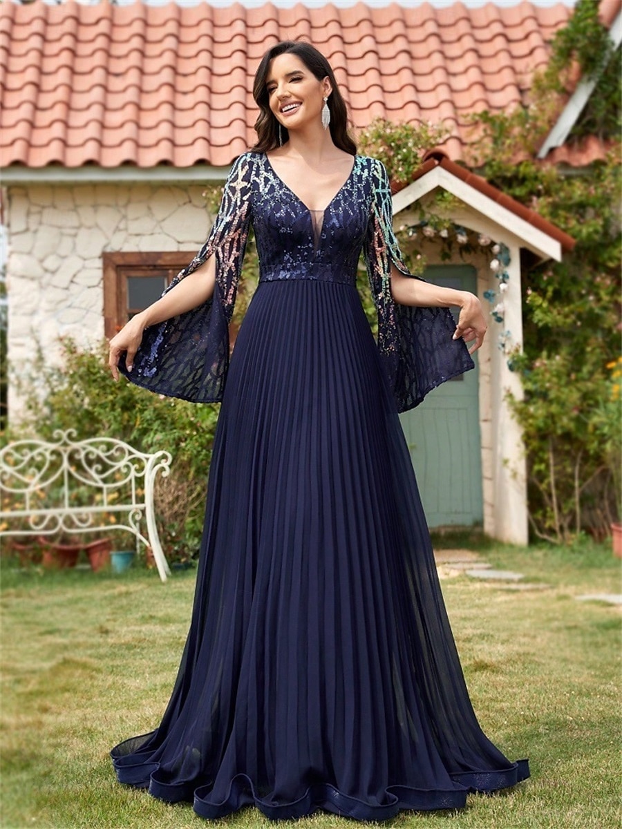 A-Lijn Quinceañera Jurken Elegante Jurk Formele Bruiloft Vloer Lengte Halve Mouwen V-hals Polyester Met Slits 2025 - $129.99 –P1