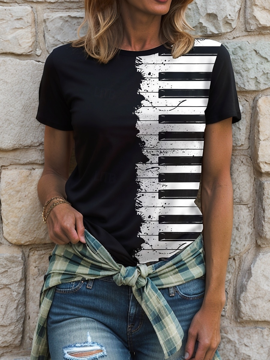 Festival de Música Mujer Camiseta Estampado Graphic Geométrico Vintage Elegante Clásico Manga Corta Cuello Barco Escote Redondo Tops regulares Diario Fin de semana Negro y blanco Blanco / Negro 2026 - $22.99 –P4