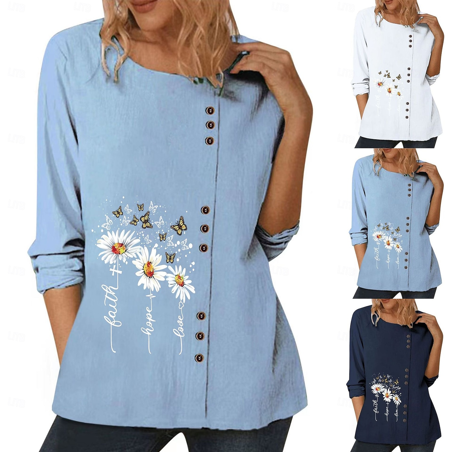 Chemisier femme coton lin fleuri élégant mode moderne manches longues col ras du cou régulier hauts quotidien sortie week-end blanc bleu bleu foncé automne de 2025 ? $19.99 –P1