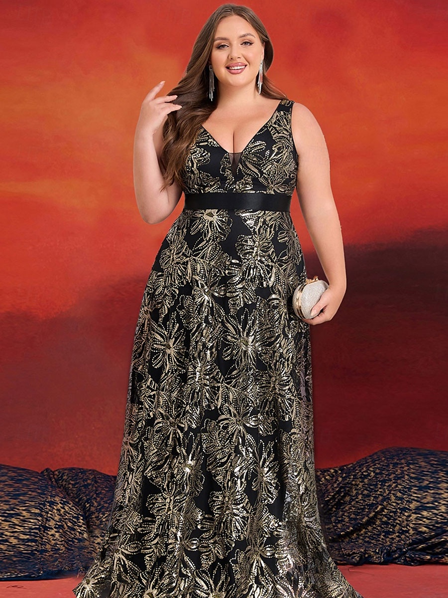 A-Linie Plus Size Kleider Elegantes Kurvenkleid Formelles Hochzeitskleid Bodenlang Ärmellos V-Ausschnitt Spitze mit Pailletten 2025 2025 - $109.99 –P1