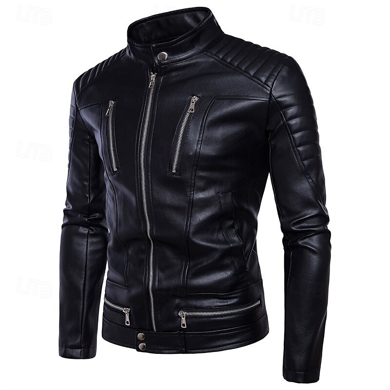 Herren Kunstlederjacke Bikerjacke Motorradjacke Urlaub Täglich Winddicht Warm Tasche Winter Einfach Mode Klassisch Stehkragen Regulär Schwarz Jacken 2025 - $74.99 –P2