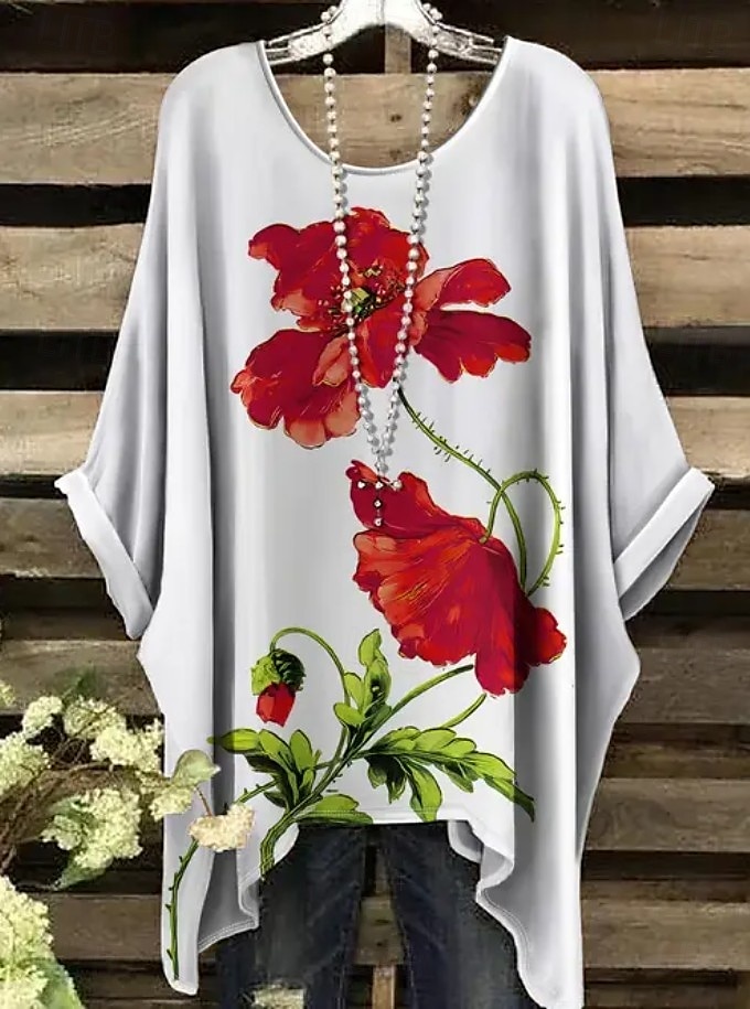 Women's Boho Shirt Floral Graphic Elegant Bohemia Active Short Sleeve Batwing Sleeve Crew Neck Regular Tops Daily Holiday Beach Wear Black White Red Blue Purple Summer Spring 2025 - $22.99 –P4