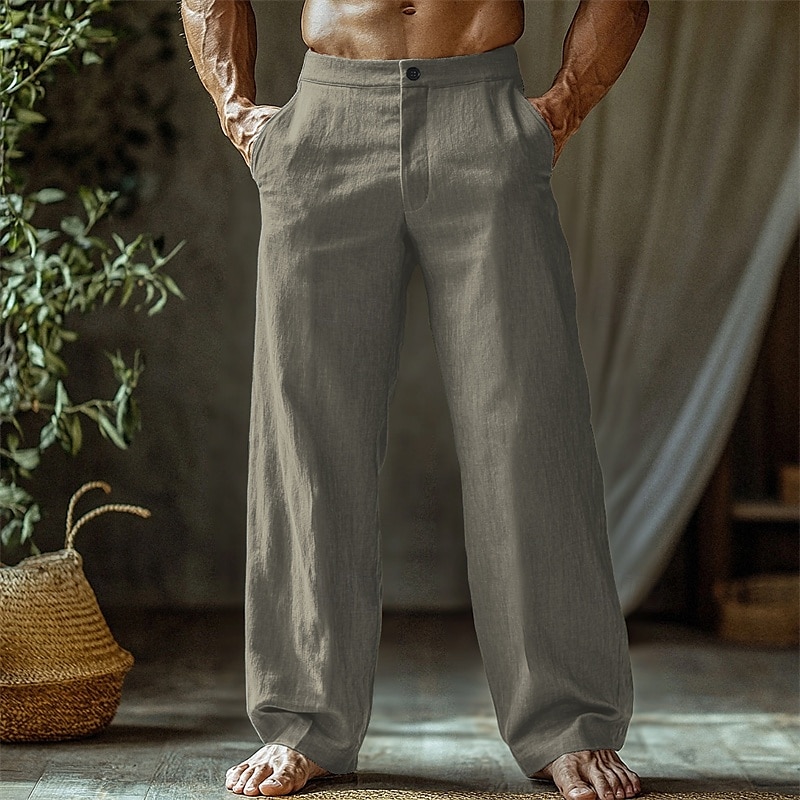 Men's Linen Pants Trousers Summer Pants Beach Pants Buttons Pocket Straight Leg Plain Comfort Breathable Vacation Daily Holiday Hawaiian Boho Black White 2025 - $18.99 –P9
