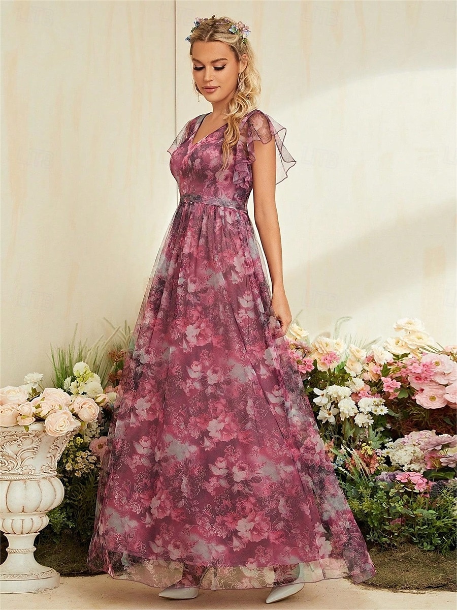 Abiti Quinceanera A-Line abito elegante formale lungo senza maniche scollatura a V in chiffon con stampa floreale del 2025 a $79.99 –P7