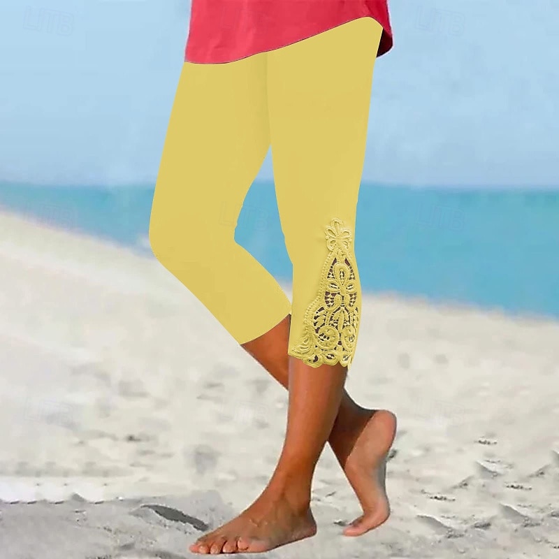 Damen Caprihose Leggings Streetwear Lässig Wadenlang Natürliche Taille Einfach Spitze Patchwork Elastischer Bund Bequem Außenbereich Outdoor Urlaub Alltagstauglich Wein Hellhimmelblau Schwarz Gelb 2025 - $14.99 –P7