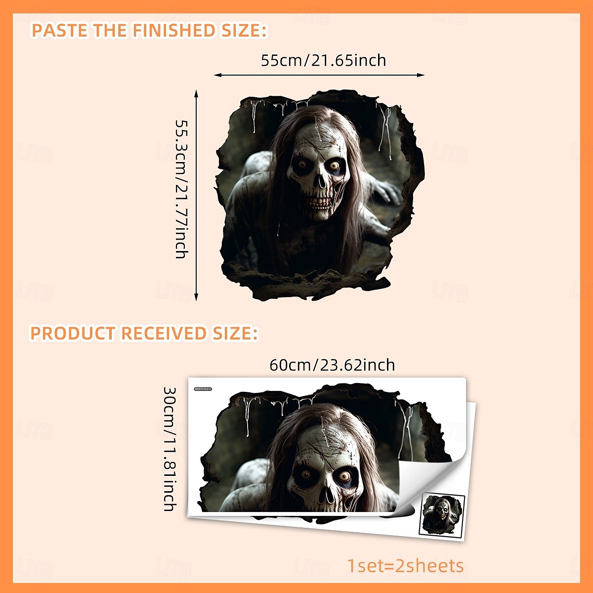 halloweenská podlaha &Samolepka na zeď 3D průlomový design kostry s dlouhými vlasy, strašidelná samolepicí dekorace na zeď a podlahu pro atmosféru halloweenské párty 2025 - $6.99 –P4