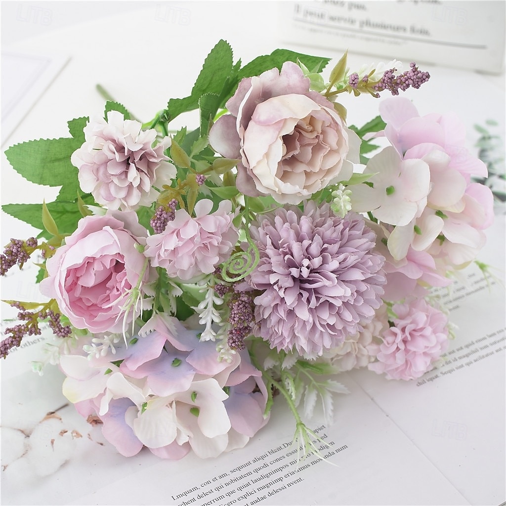 1 mazzo di fiori artificiali di seta rosa, piccolo bouquet multi-testa biforcuto, composizione di fiori secchi finti per decorare il tavolo di casa o il vaso. del 2025 a $7.99 –P7
