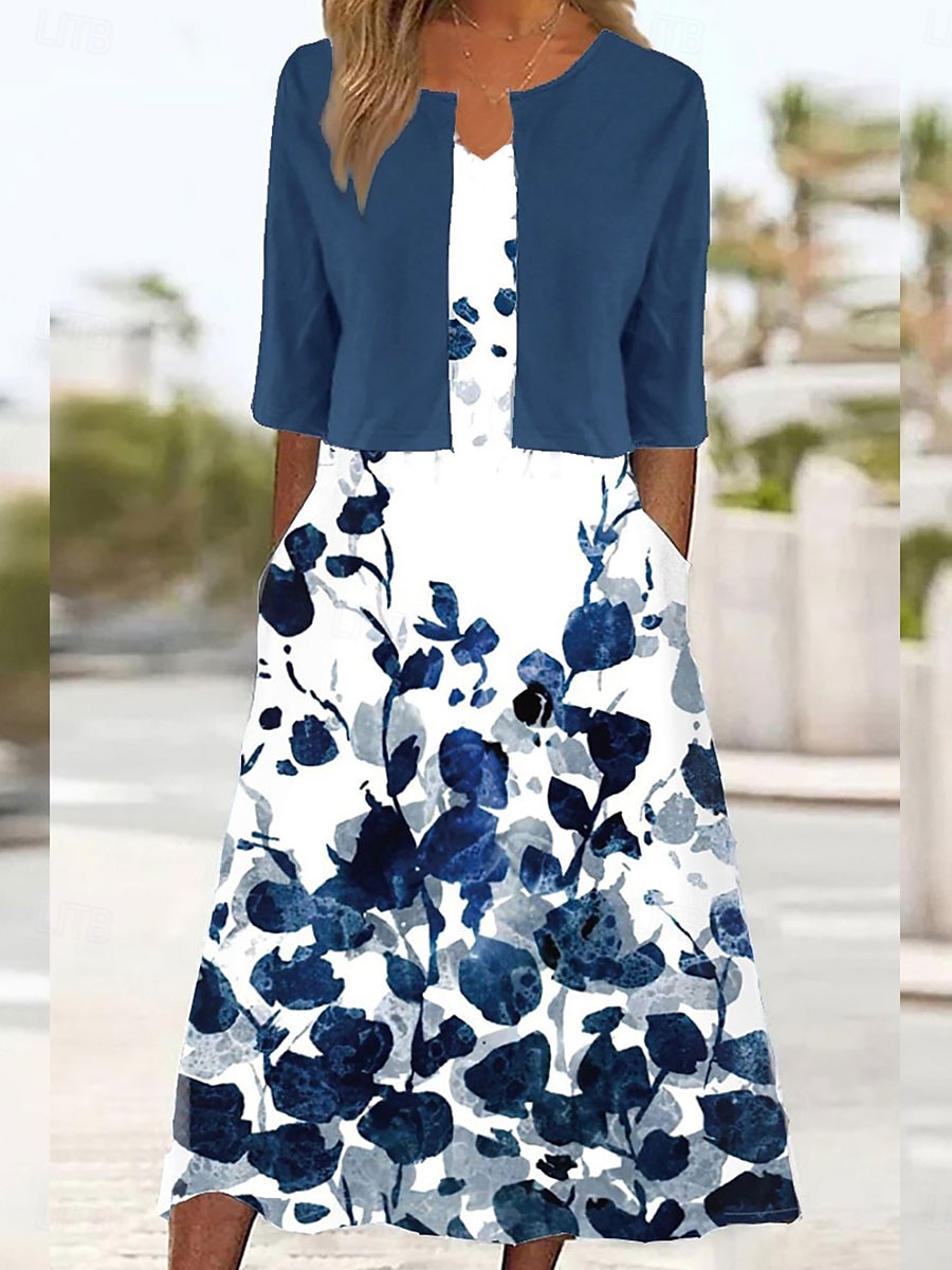 Damen Kleid-Set A Linie Kleid Sommerkleid Party Halbformelle Kleider Blumen Grafik Druck Midikleid Halbarm V Ausschnitt Hochzeitsgast Täglich Weiß Marineblau Himmelblau Sommer Frühling Normale 2025 - $36.99 –P2