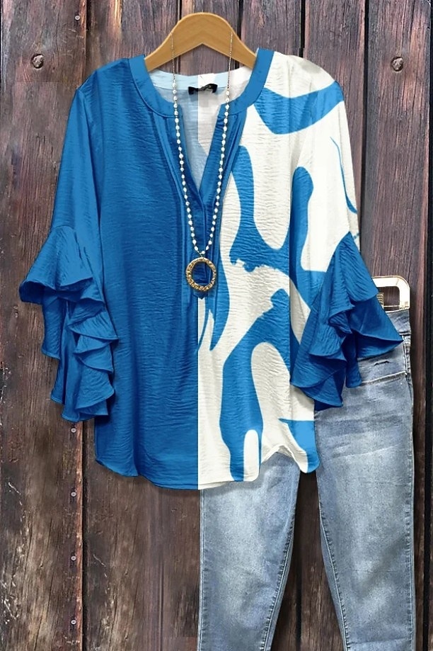 Per donna Blusa Floreale Grafico Geometrico Bohemien Vintage Quotidiano Manica 3/4 Manica a Volant Scollo a V Top Regolari Quotidiano Ferie Abbigliamento da vacanza Volant Stampato Nero Rosa Blu del 2025 a $29.99 –P6
