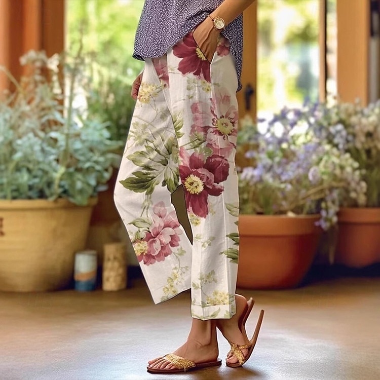 Women's Chinos Vacation Vintage Ethnic Style Ankle-Length High Waist Floral Graphic Stripe Stripe Soft Outdoor Breathable Micro-elastic Outdoor Vacation Casual Violet Pink White Light Green Red Fall 2025 - $32.99 –P5