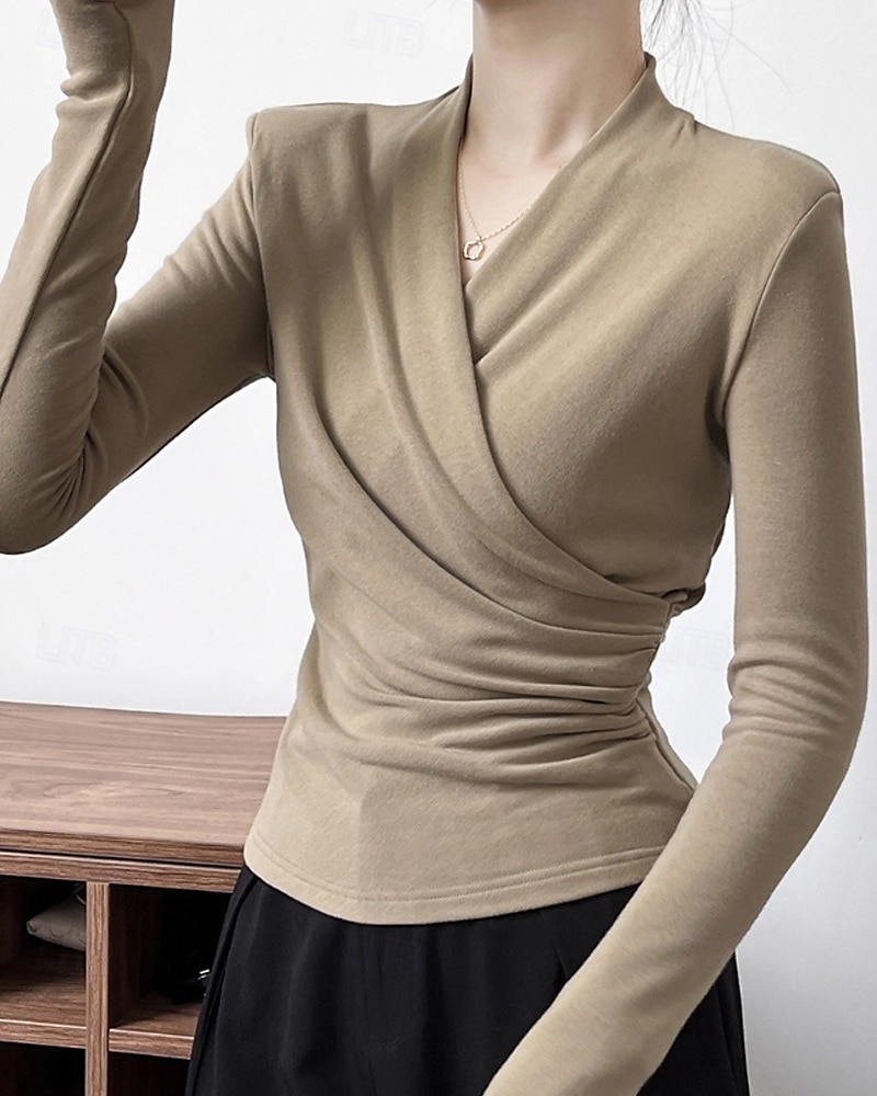 Femmes Chemisier Uni Moderne Occasionnel manche longue Col en V Hauts Réguliers Quotidien Fête Froncé Noir Blanche Marron clair Automne de 2025 ? $22.99 –P3