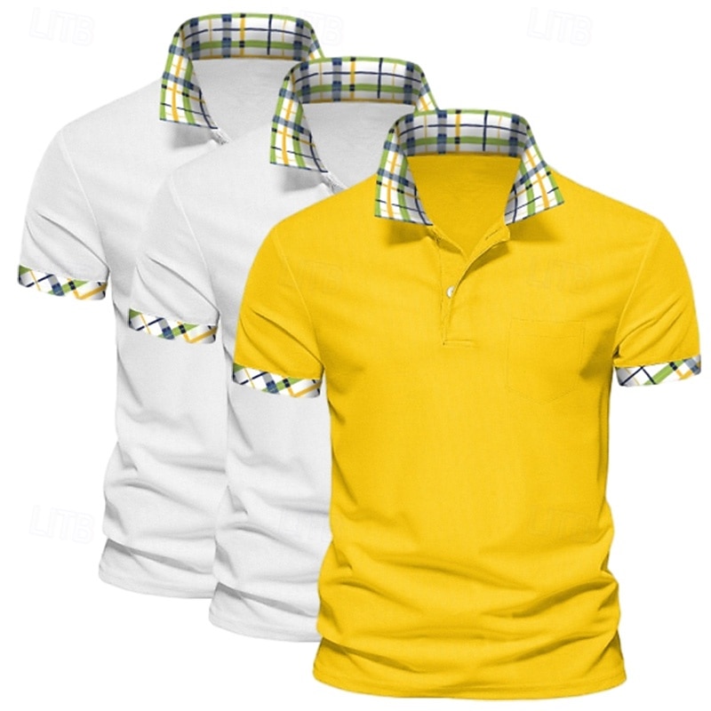 Camisa polo masculina de 3 peças, cor sólida, xadrez, bloco de cores, camisa de golfe, manga curta, lapela, casual, esportiva e ao ar livre, botões, verão, primavera e outono, verde, azul de 2025 por $45.99 –P8