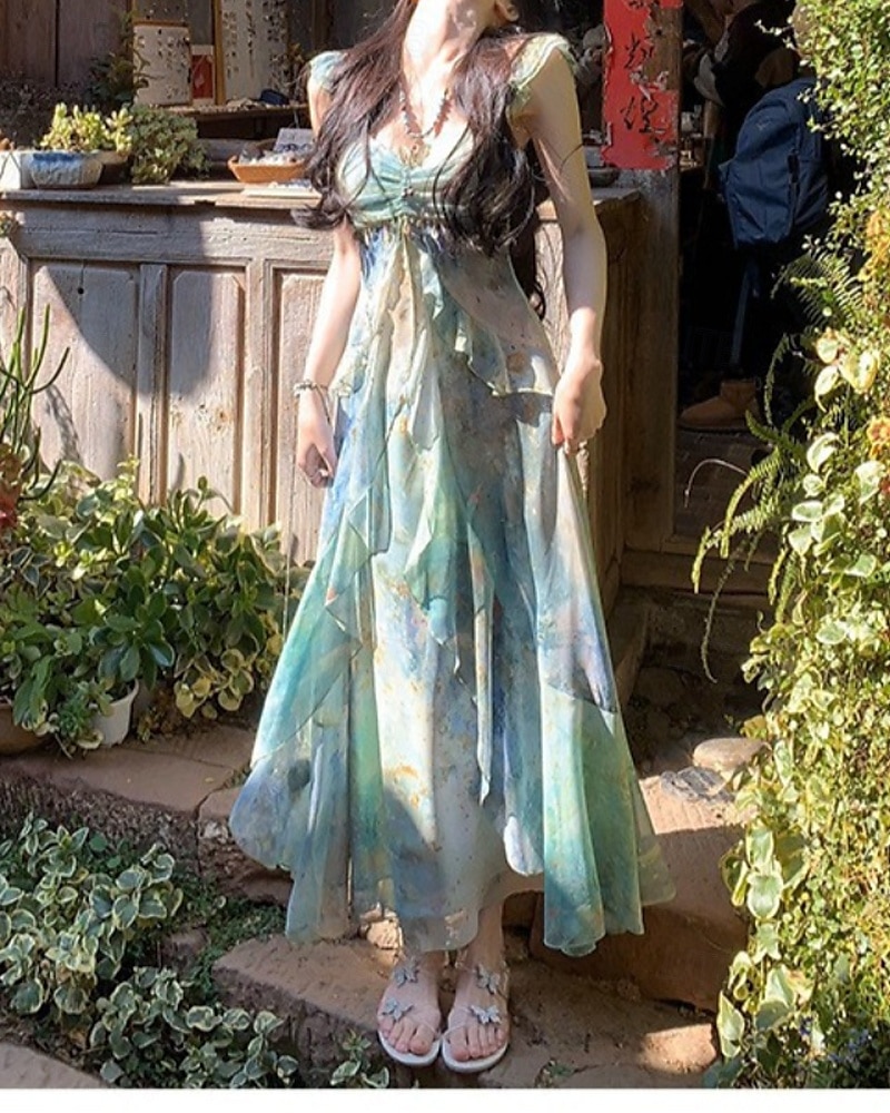 Dames Lange jurk maxi-jurk Jurk met print Modern Vakantie Feestdagen Teaparty Normale pasvorm Bloem Mouwloos V-hals Groen Zomer 2025 - $31.99 –P1