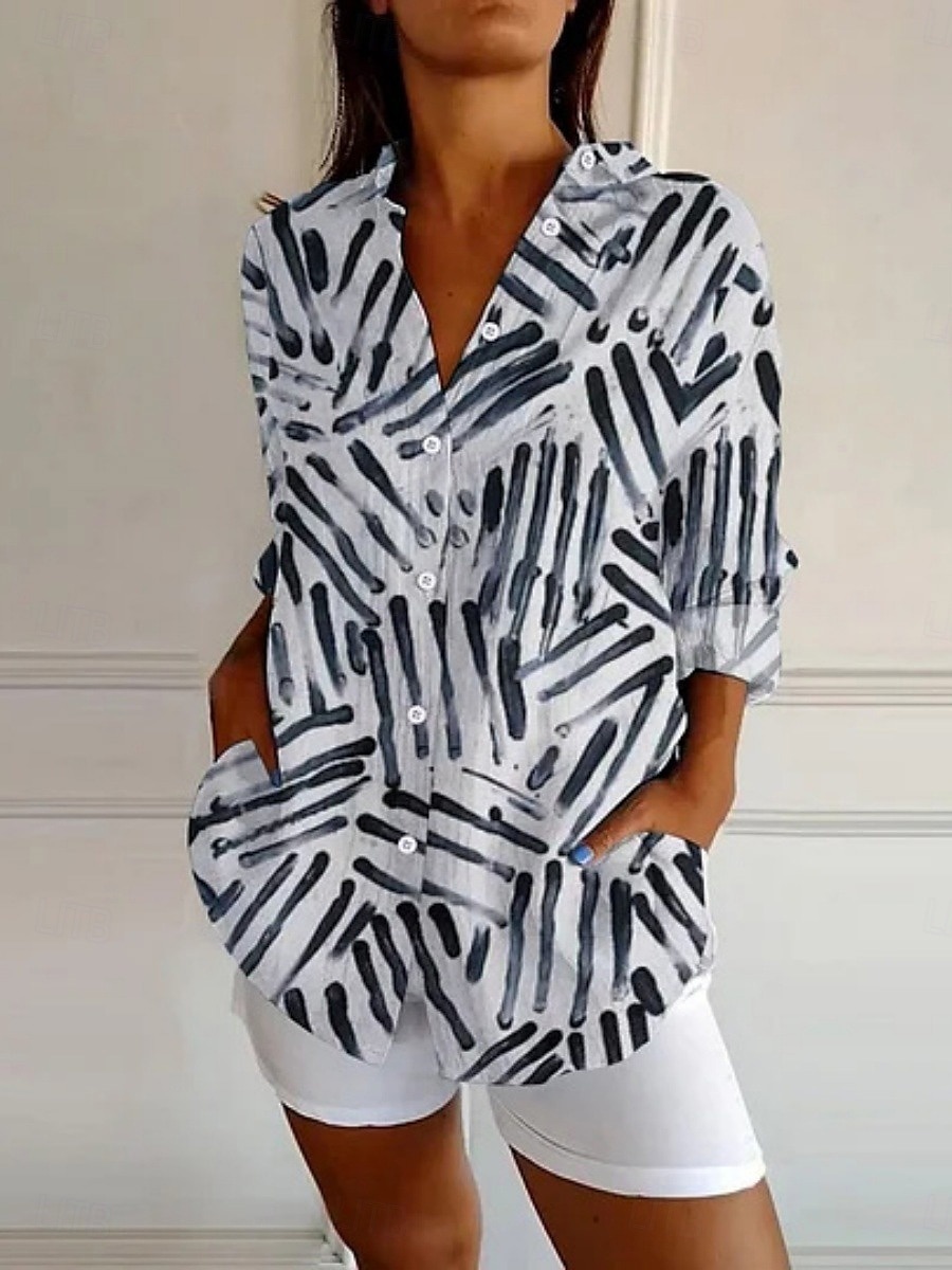 Women's Shirt Leopard Striped Active Daily Stylish Long Sleeve Shirt Collar Regular Tops Daily Holiday Buttons Print White Brown Spring Fall 2025 - $25.99 –P3
