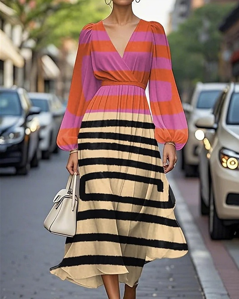 Per donna Abito Midi Vestito Casual Abito Stampato Elegante Moda All'aperto Feste Ferie Vestibilità regolare A righe Fiore Manica Lunga Scollo a V Blu Viola Cachi Estate Primavera del 2025 a $27.99 –P1