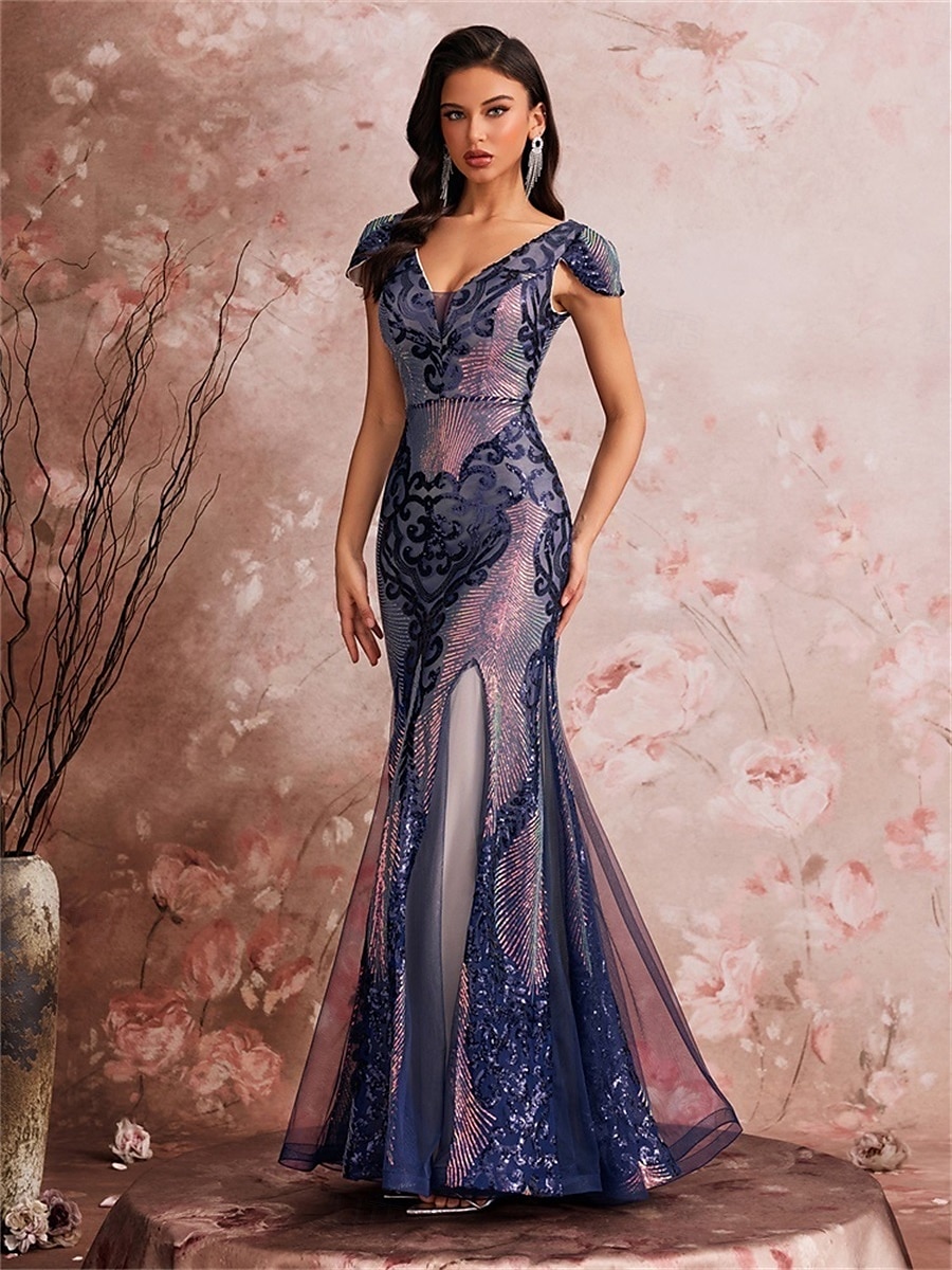 Mořská panna  Trumpet Šaty k Quinces Elegantní Šaty Formální Svatební Délka k podlaze Krátké rukávy V krku Polyester s flitry 2025 - $124.99 –P5