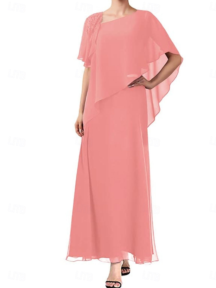 A-Line Mother of the Bride Dress Elegant Simple Square Neck Ankle Length Chiffon Short Sleeve with Solid Color 2025 - $109.99 –P6