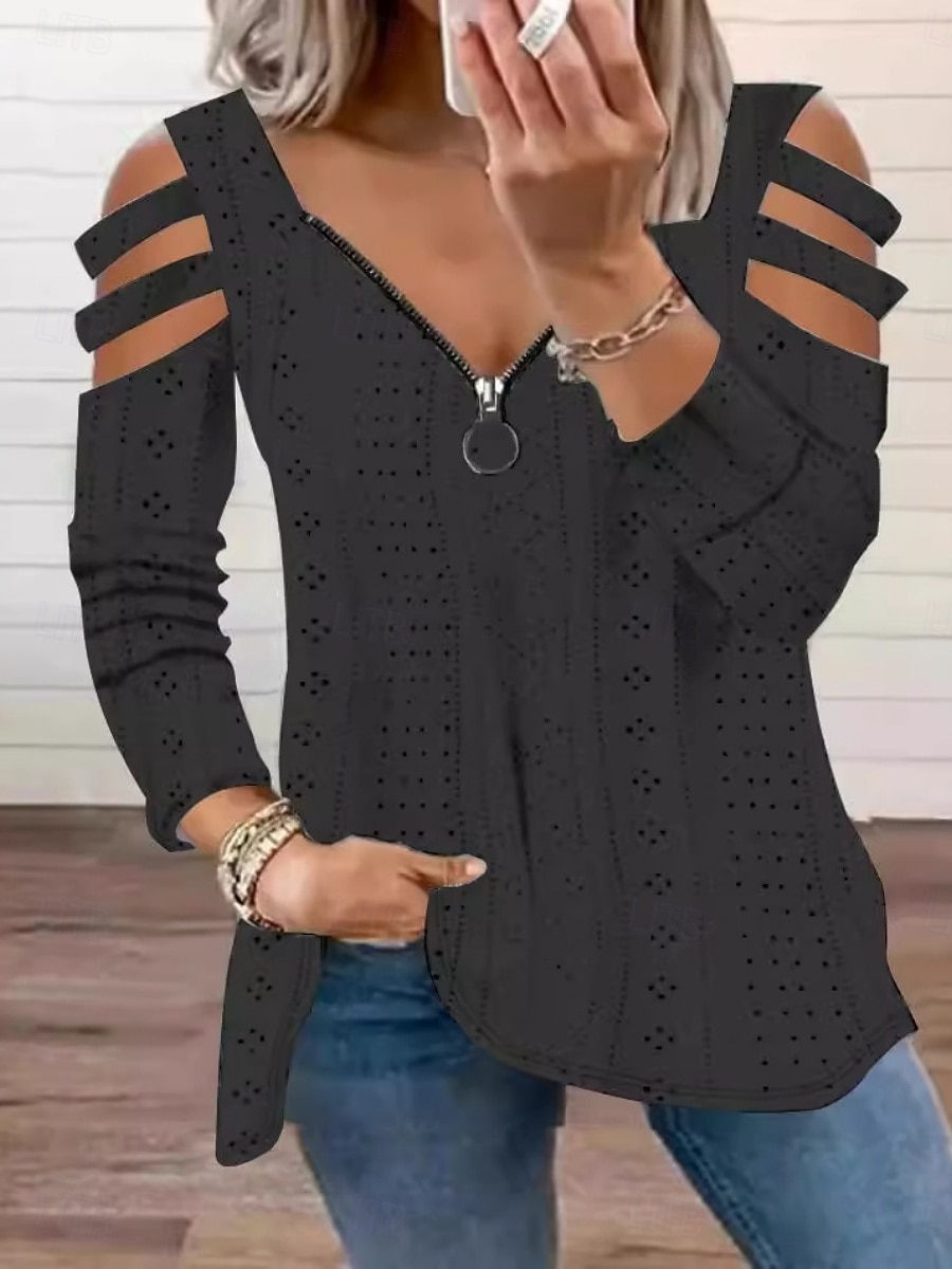 Damen Bluse Einfarbig Stilvoll Lässig Langarm V Ausschnitt Normale Oberteile Täglich Ausgehöhlt Reißverschluss Schwarz Weiß Rosa Blau Grün Sommer Frühling 2025 - $19.99 –P3