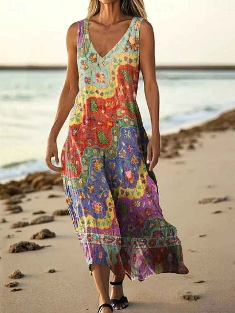 Damen Langes Kleid Maxikleid Freizeitkleid Trägerkleid Sommerkleid afrikanisch Täglich Ferien Strand Normale Passform Blumen Ärmellos V Ausschnitt Rosa Rote Marineblau Purpur Sommer 2025 - $20.99 –P2