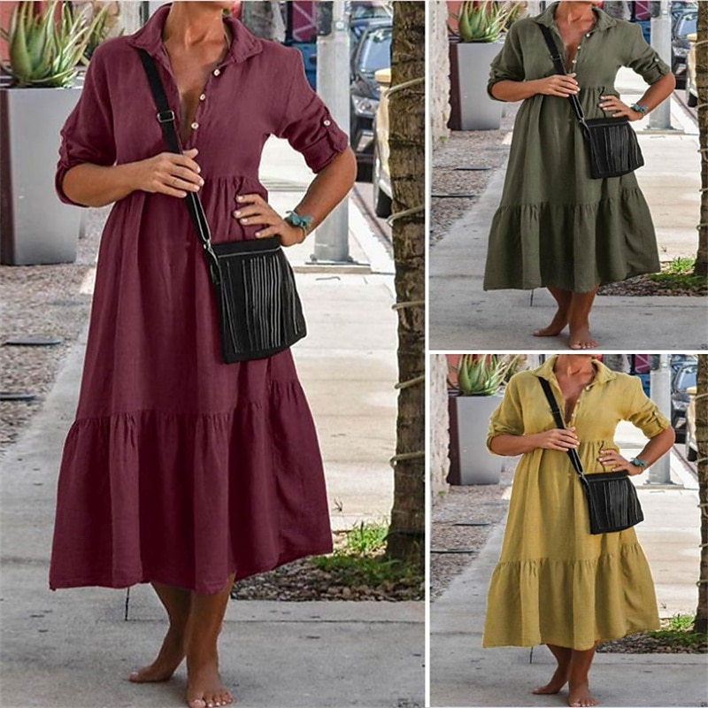 Per donna Abito Midi Vestito Casual Abito in cotone e lino Abito Estivo Moda Moderno All'aperto Data Weekend Vestibilità regolare Semplice Senza Maniche Colletto a Camicia Giallo Vino Verde militare del 2025 a $36.99 –P1