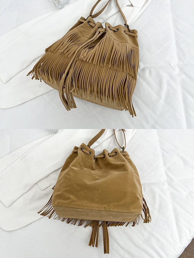 damska torebka typu wiaderko ze sztucznego zamszu z frędzlami – boho torebka typu crossbody ze ściągaczem na niezobowiązujące wyjścia, festiwale i codzienne noszenie 2025 - $18.99 –P6