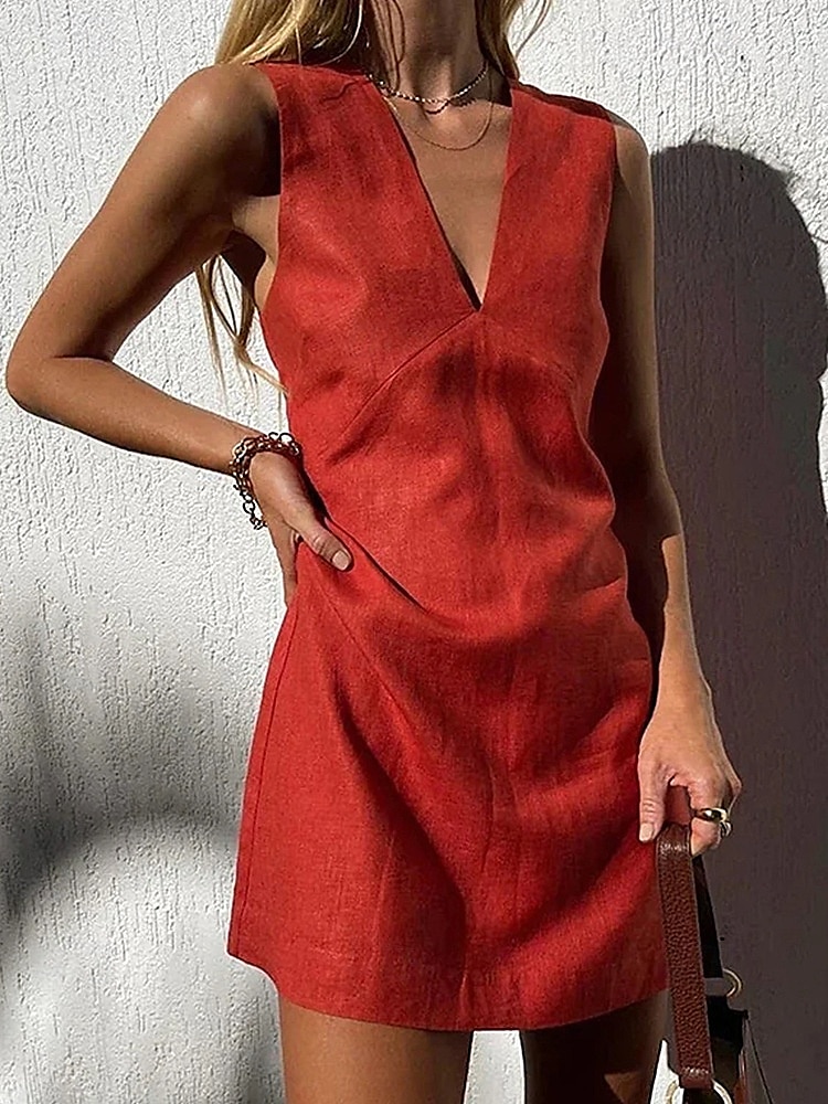 Robe courte 100 % coton pour femme, coupe droite, décontractée, pour soirée, tous les jours, vacances, coupe classique, unie, sans manches, col en V, chanvre, noir, blanc, rouge, été de 2025 ? $36.99 –P1