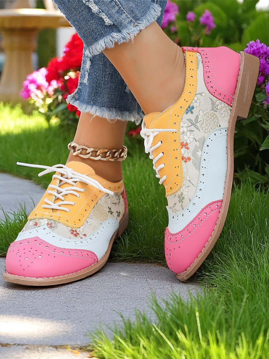 Dámské barevně blokové oxfordské boty s křídlovou špičkou, retro šněrovací brogue boty z 50. let s duhovými panely pro ležérní výlety a vintage styl. 2025 - $29.99 –P2