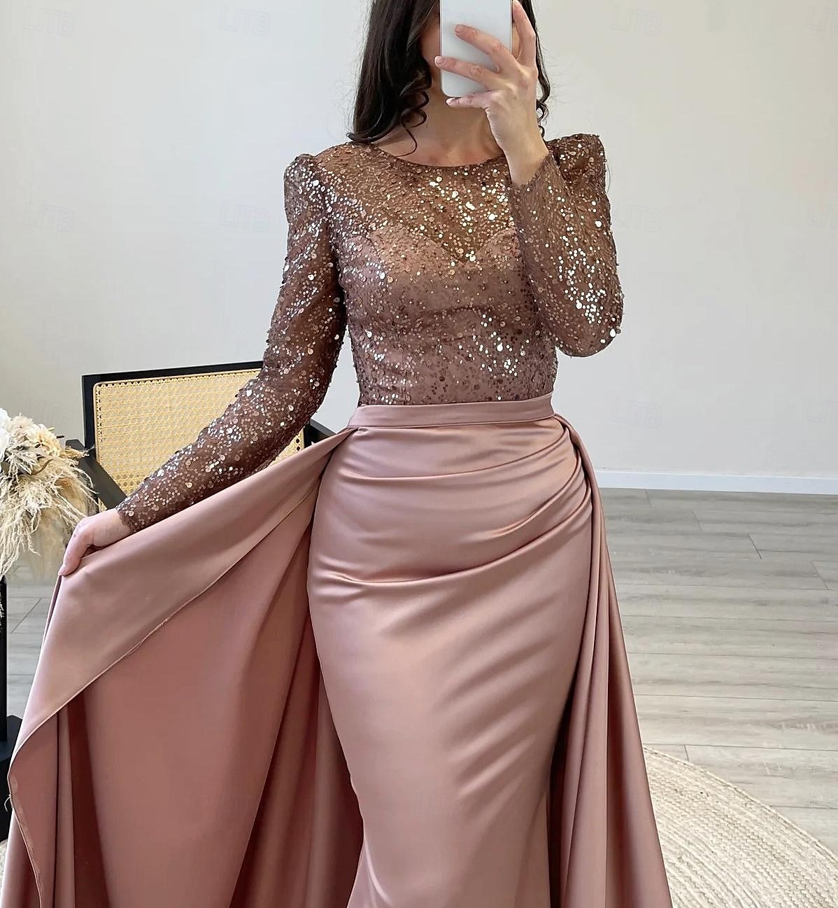Meerjungfrauenschnitt Abendkleid Elegant Kleid Karneval Formell Bodenlang Langarm Illusionsausschnitt Abnehmbar Satin mit Perlen Überrock 2025 2025 - $159.99 –P1