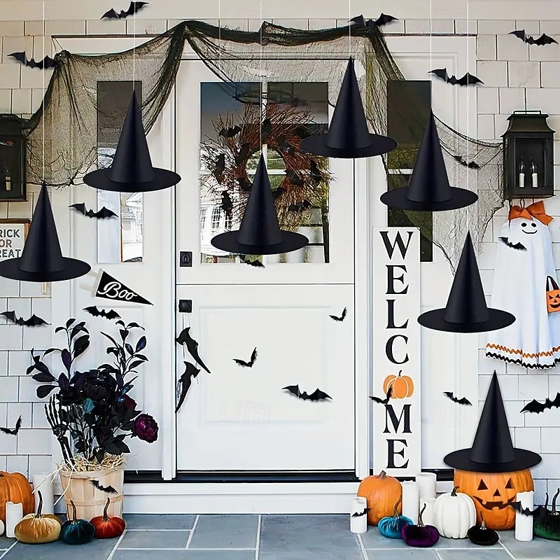 Cappello da strega nero di Halloween con decorazione da parete a forma di pipistrello 3D, costumi di Halloween, accessori da strega, cappelli, decorazioni per feste di Halloween fantasy del 2025 a $26.99 –P1