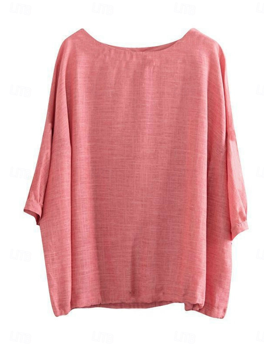 Femmes Chemise Couleur Unie Élégant Occasionnel Manche 3/4 Col ras du cou Hauts Réguliers Quotidien Rose Claire Bleu Violet Vert Été Printemps de 2025 ? $3.99 –P2