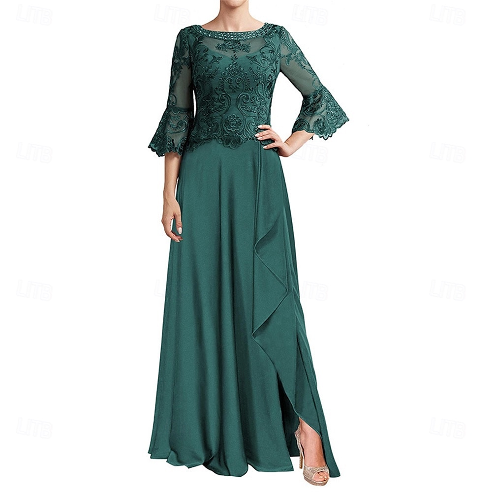 A-Line Mother of the Bride Dress Elegant Crew Neck Floor Length Chiffon Long Sleeve with Solid Color 2025 - $119.99 –P8