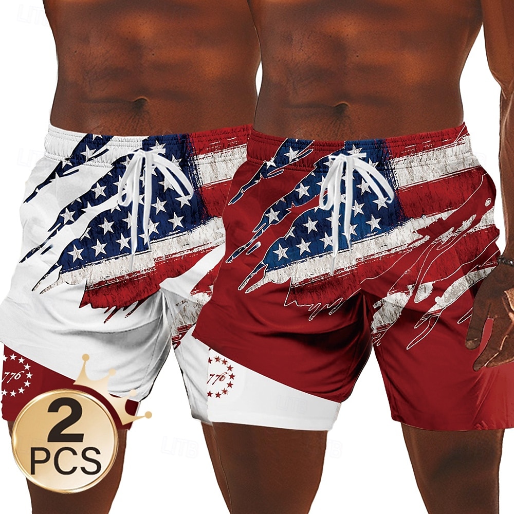 Unabhängigkeitstag Herren 2-teilig mit US-Flagge, patriotische gefütterte Shorts, 2-in-1-Boardshorts, Badehose, mittelhohe Taille, Urlaubs-Seitentaschen mit Kompressionsfutter, elastischer Kordelzug 2025 - $32.99 –P2