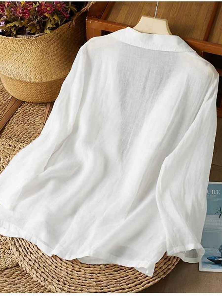 Women's Cotton Linen Blazer Solid Color Stylish Basic Casual Long Sleeve Shirt Collar Regular Tops Work Daily Buttons White Yellow Summer 2025 - $29.99 –P6