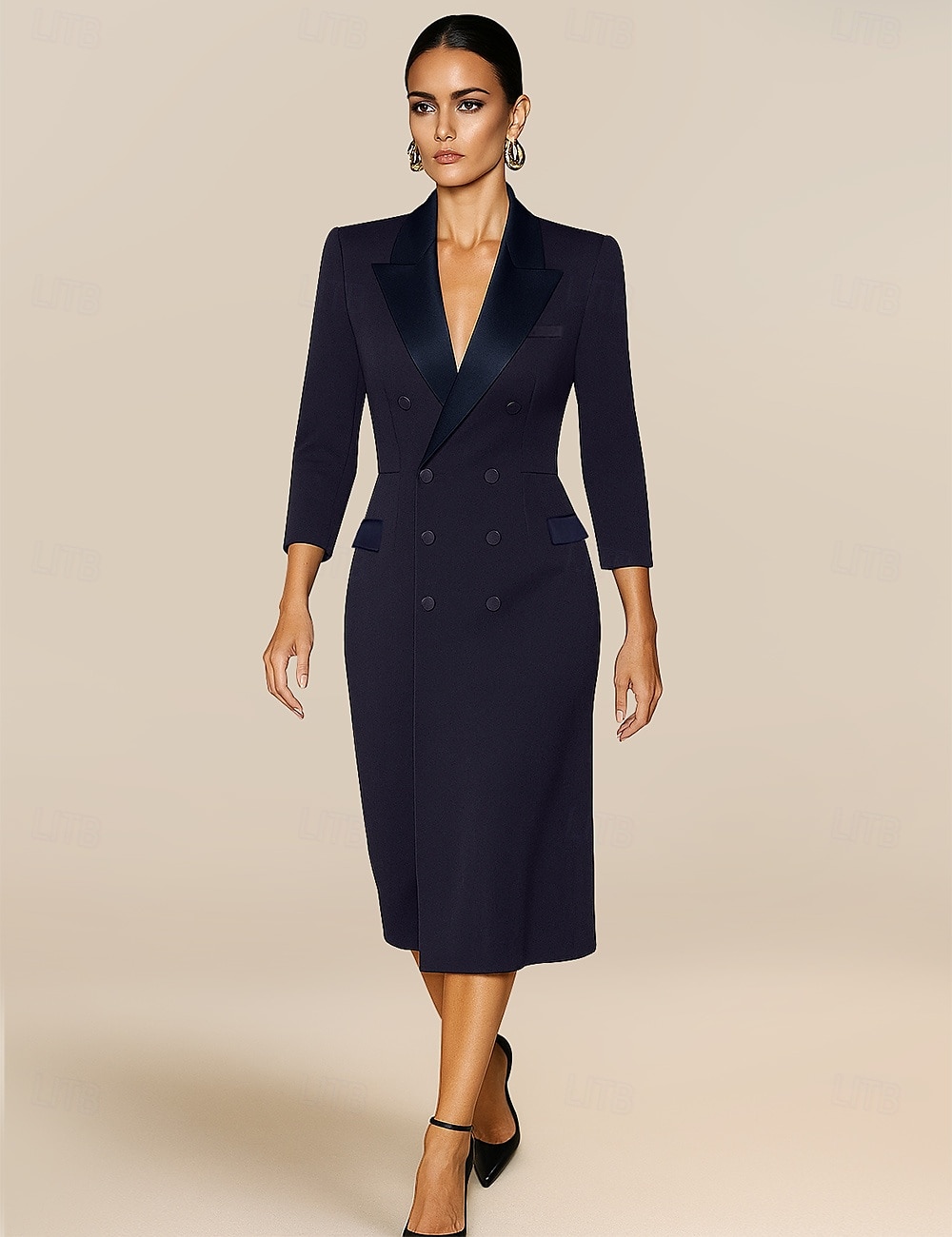 Robe blazer fourreau  colonne robe de mère de la mariée élégante robe de smoking simple minimaliste à encolure en V en satin longueur de sol en crêpe extensible à manches 3/4 avec boutons recouverts de 2025 ? $137.99 –P5