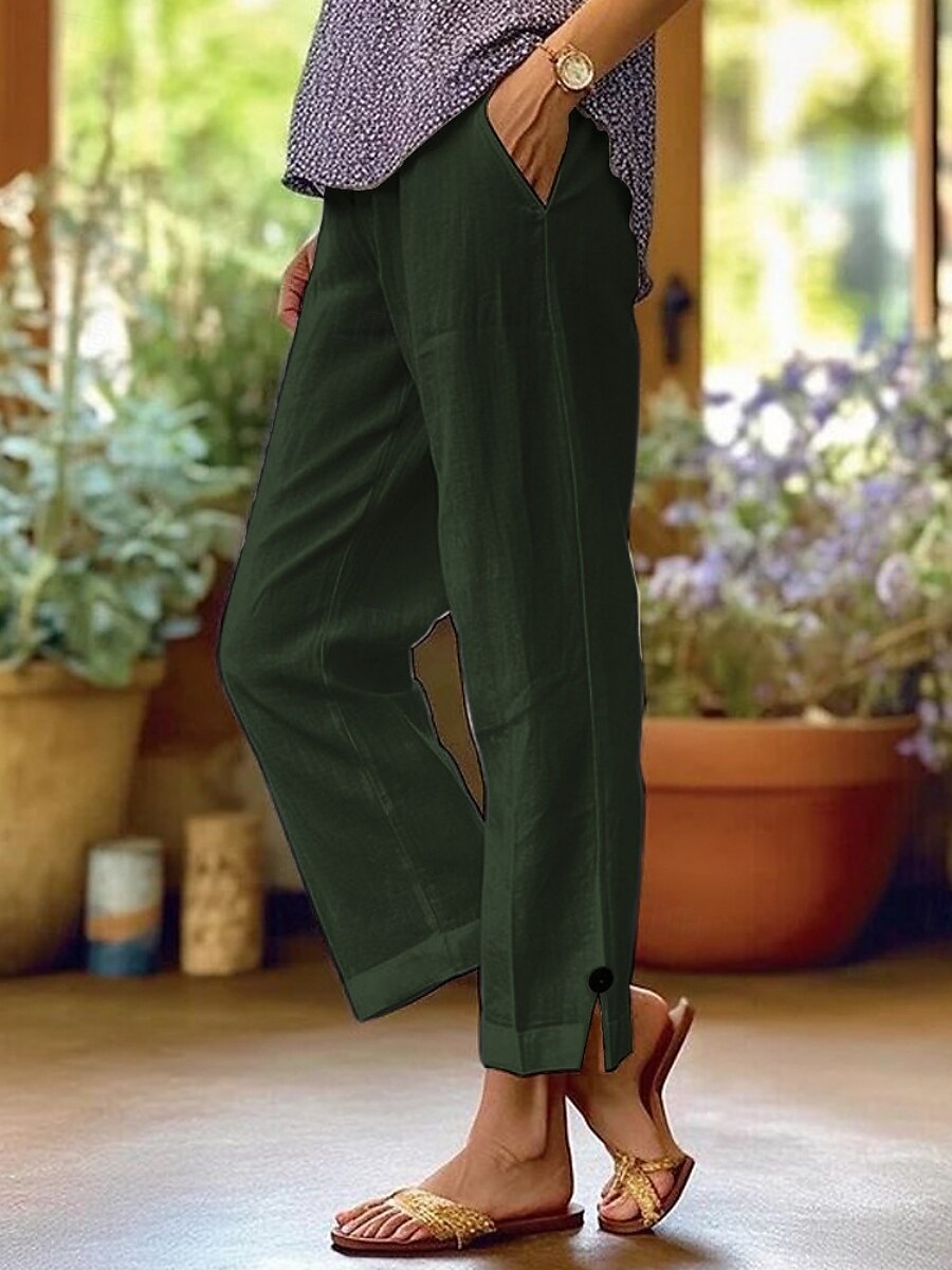 Femmes Pantalon en coton et lin Chinos ancien Mode Basique Longueur complète Taille haute Uni Avec Poches Confort Extérieur Non Elastique Vacances Rue Quotidien Vert foncé Bleu marine Blanche Rose de 2025 ? $22.99 –P4