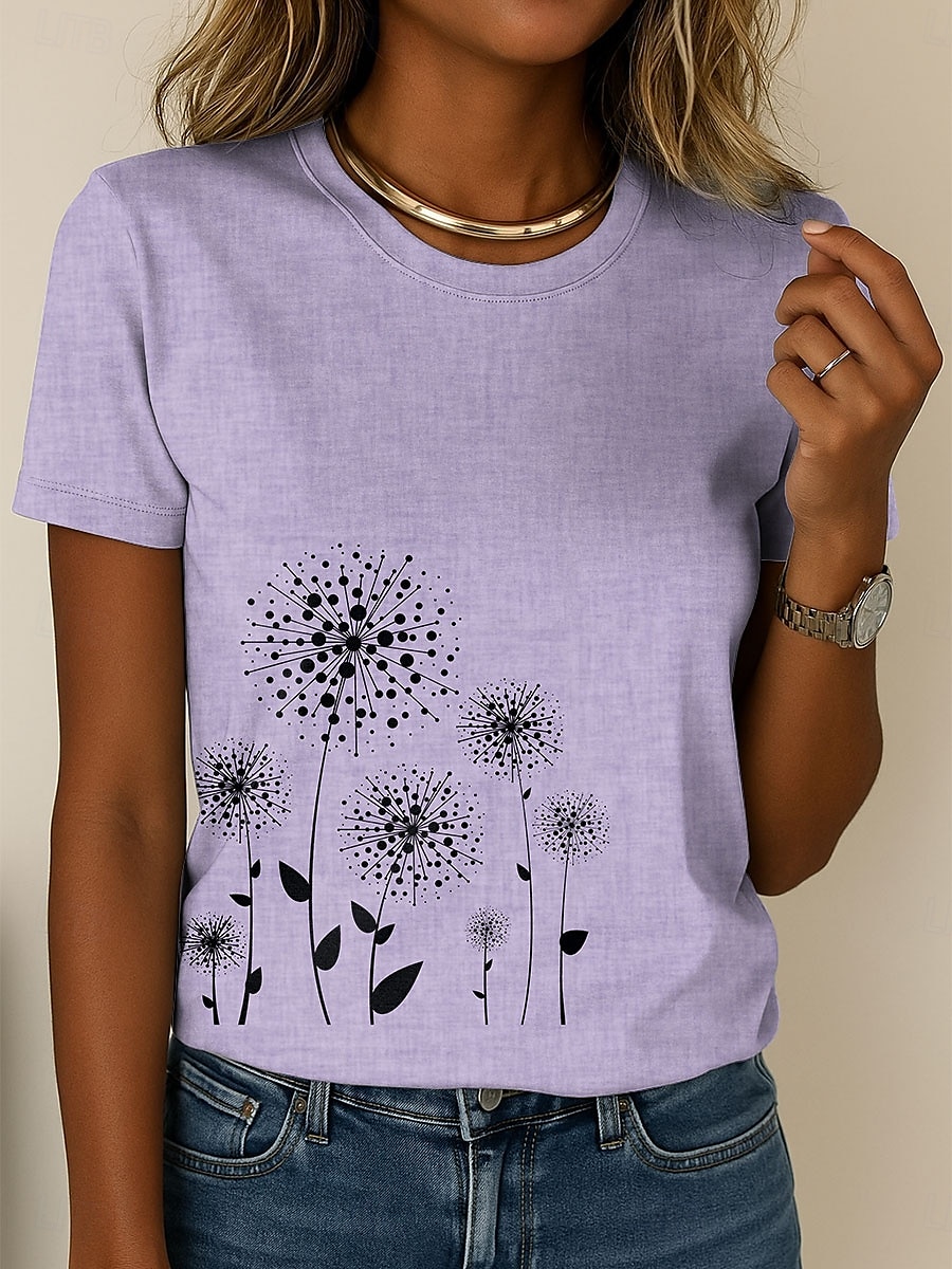 Femmes T-shirt Fleuri Graphique Plantes Occasionnel Manche Courte Col rond Hauts Réguliers Quotidien Sortir Week-end Imprimé Bleu Violet Vert Kaki Été de 2025 ? $19.99 –P2